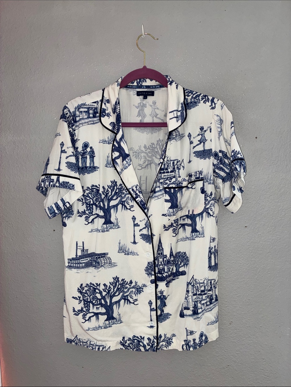 Katie Kime White and Navy Toile Short-Sleeve Button-Up Pajama Top